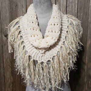 NEW Hand Knitted Cream Aran Infinity Boho Cowl Scarf Fringe Knit Handmade Eyelet